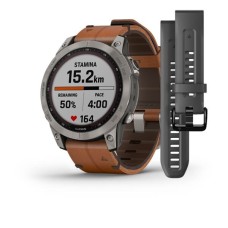 Умные часы Garmin FENIX 7 Sapphire Solar титановый серый с коричневым кожаным ремешком Умные часы Garmin FENIX 7 Sapphire Solar титановый серый с коричневым кожаным ремешком